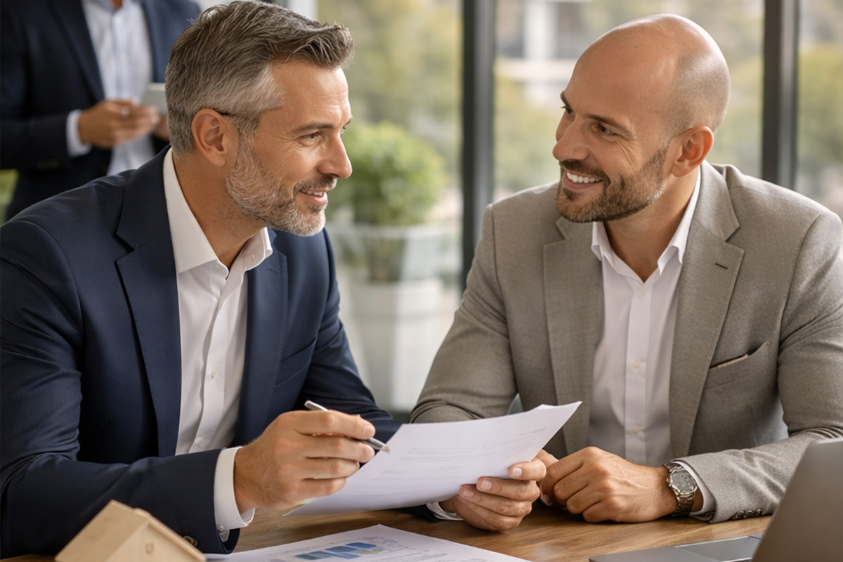 Geschäftsleute bei Vertragsunterzeichnung im Immobilienbereich