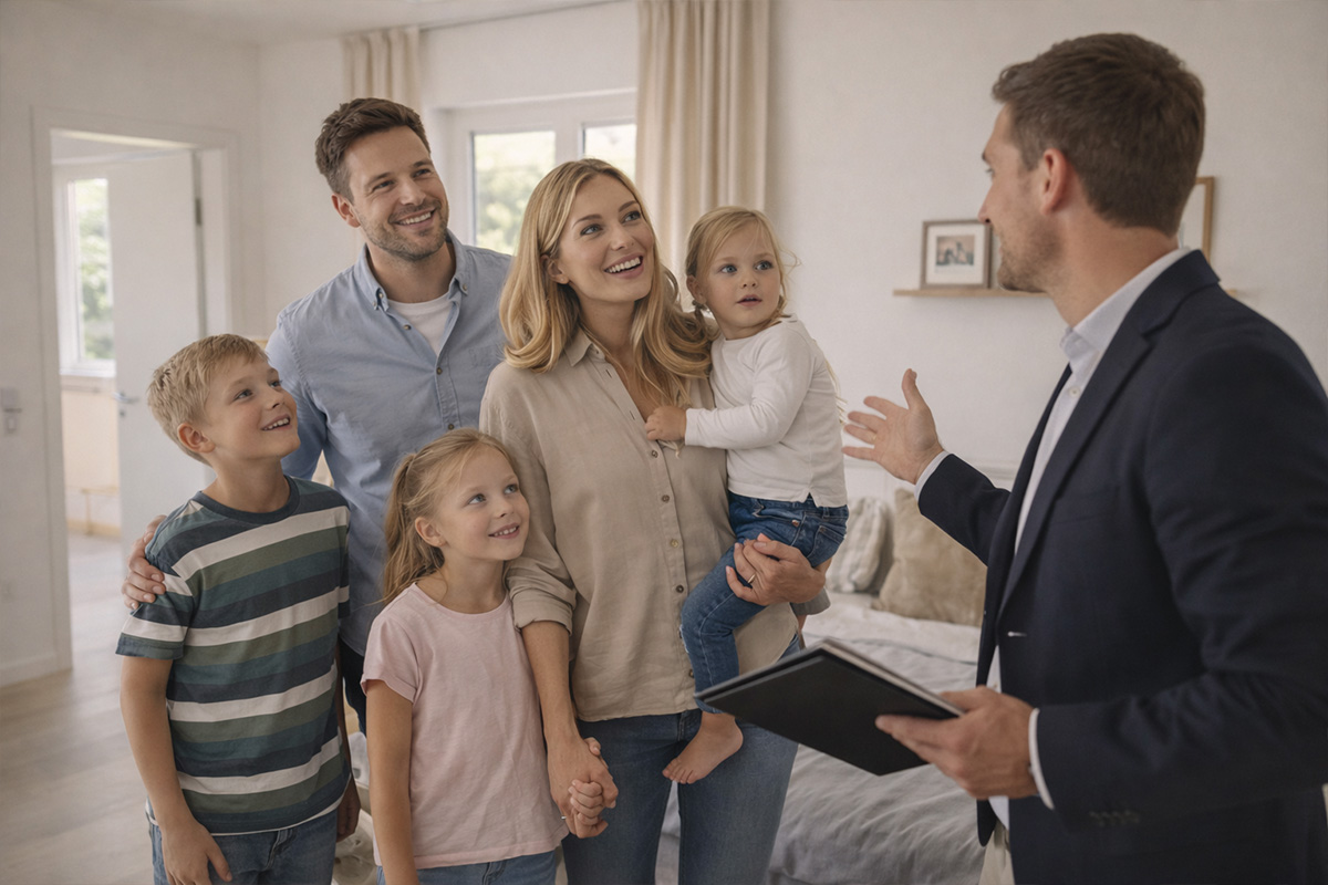 Familie im Beratungsgespräch mit Immobilienexperten am Tisch