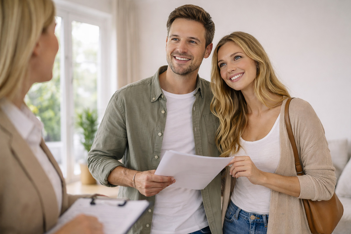 Junges Paar besichtigt Wohnung mit Immobilienmakler